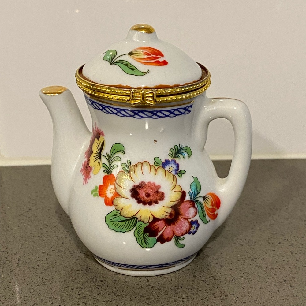 Vintage Mini Porcelain Teapot Hinged Trinket Box w/ Floral Design